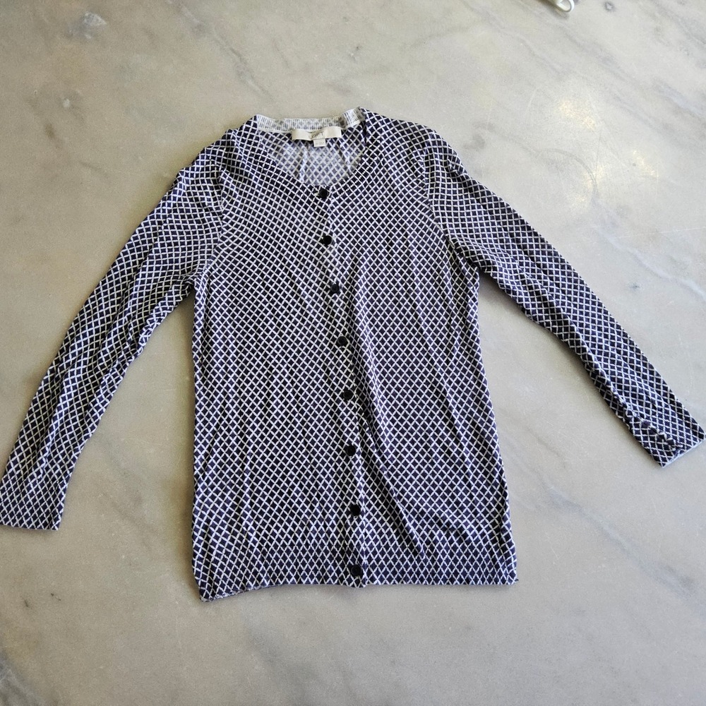 LOFT Womens XS Cardigan Sweater Black White Diamond Print‎ Career Casual